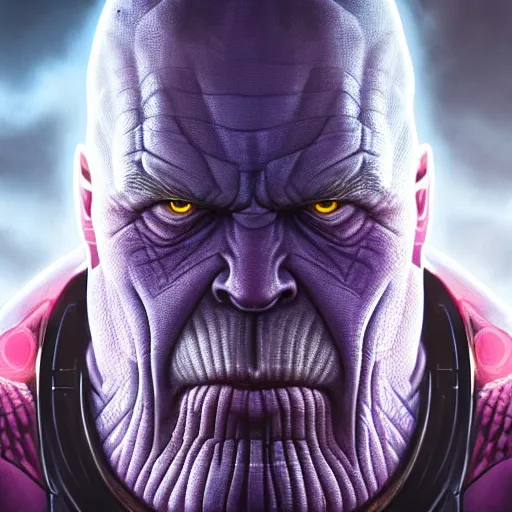 Prompt: close-up, symmetrical, portrait of Thanos, scowling, art by greg rutkowski, matte painting, trending on artstation