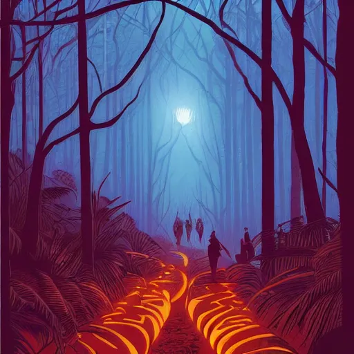 Image similar to a path through the jungle illuminated with torches, by dan mumford, artstation