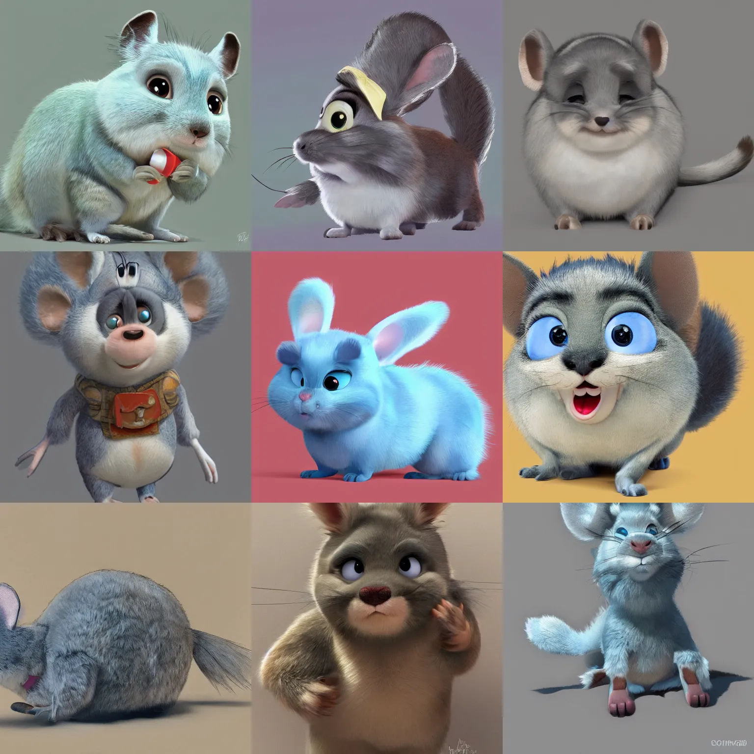 Prompt: very cute disney pixar chinchilla, detailed fur, concept artwork, 3 d render official art, zootopia, cartoony, adorable design, hq, artstationhd