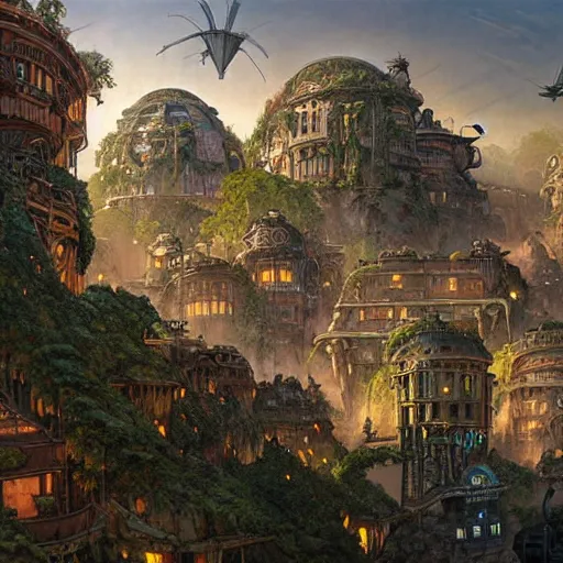 Image similar to steampunk city on a cliff, dense foliage poster art by kim jung giu and weta studio, and lucasfilm and jesper ejsing and norman rockwell greg rutkowski frank frazzeta