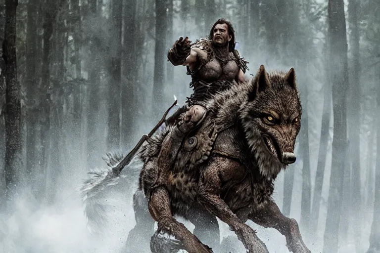 Image similar to vfx movie closeup detailed ancient armored warrior orc hunting riding large wolf in the forest, natural lighting by emmanuel lubezki