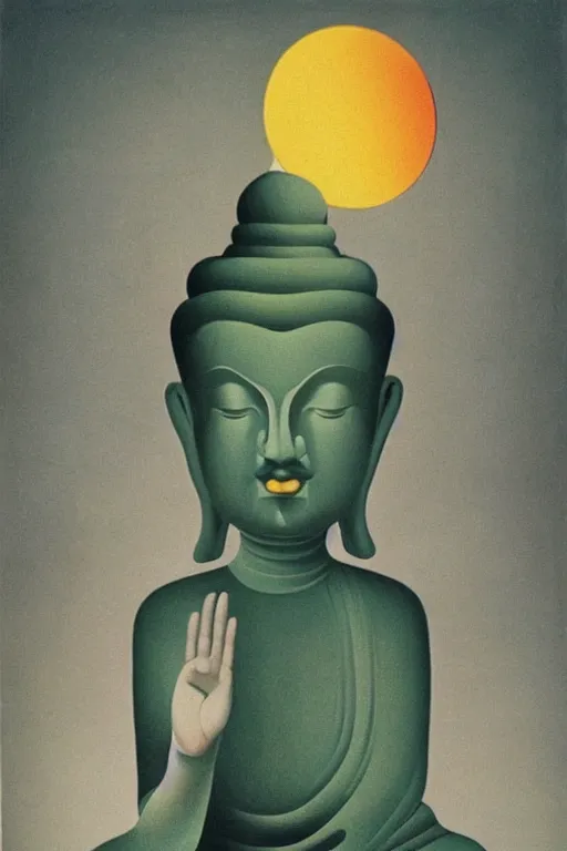 Image similar to A buddha wearing a bowler hat is thinking: Our hindrances are obstacles to enlightenment as abstract art in the style of Magritte