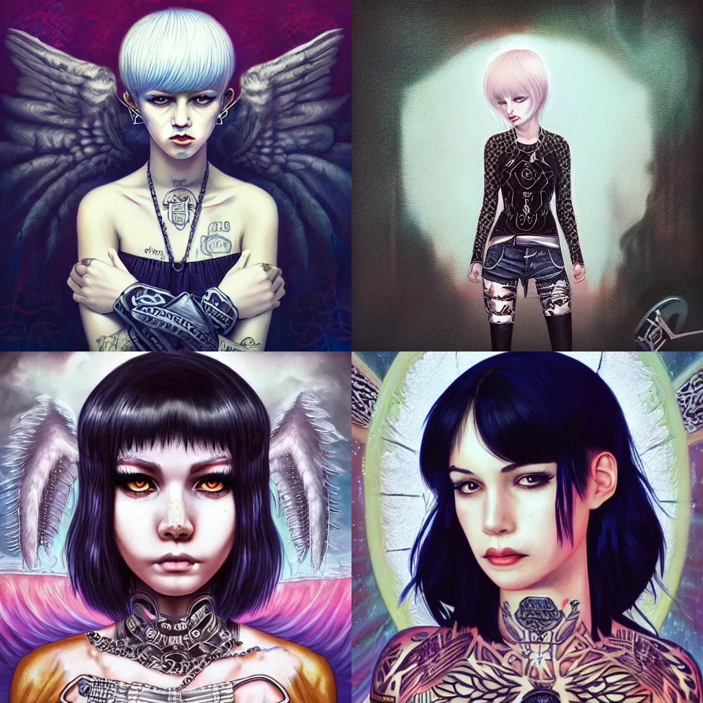 Prompt: sad young woman with short white bangs with White eyes With punk clothes With Silver Ankh. album cover by Ross Tran. By Casey Weldon. SFW.