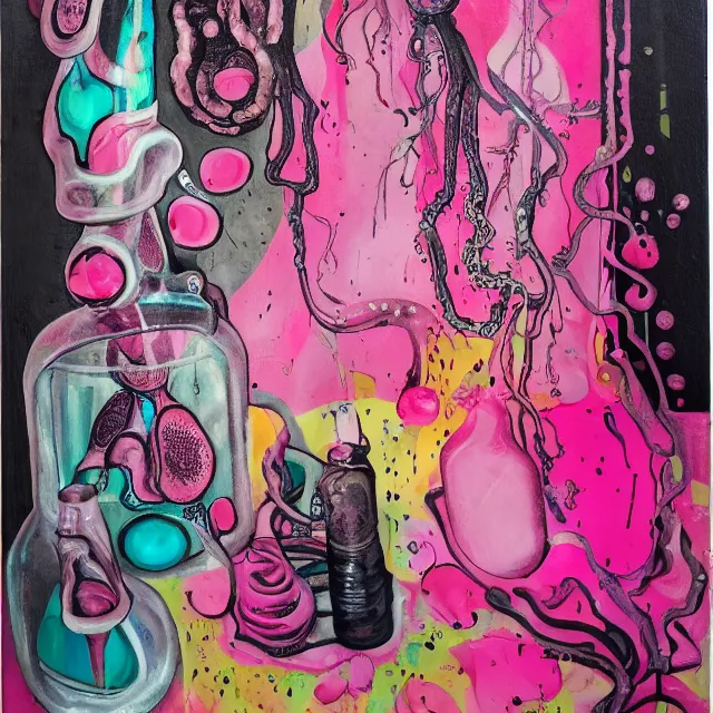 Prompt: pink drips, portrait of a female art student, scientific glassware, oscilloscope, x - ray, sensual, sweet almost oil, almond blossom, squashed berries dripping, octopus, candlelight, neo - impressionist, surrealism, acrylic and spray paint and oilstick on canvas