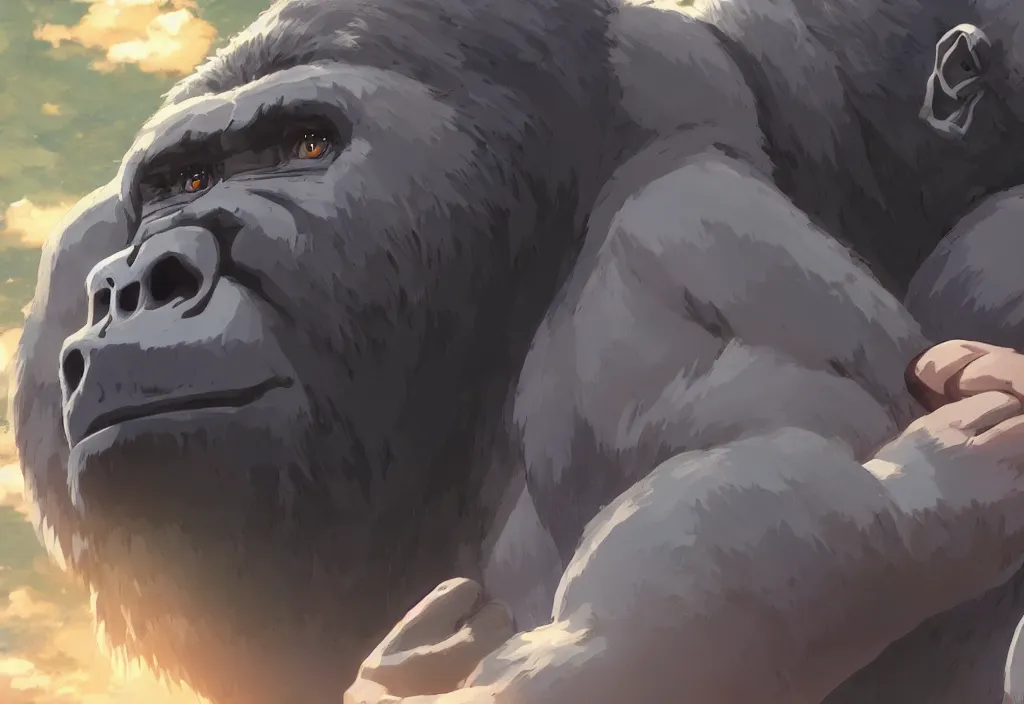 Image similar to a gigantic silverback gorilla beating its chest, by Makoto Shinkai, beautiful