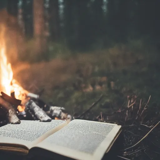 Prompt: studio photography of a book next to a campfire, nightime, spooky woods, fog, scary, horror, frightening