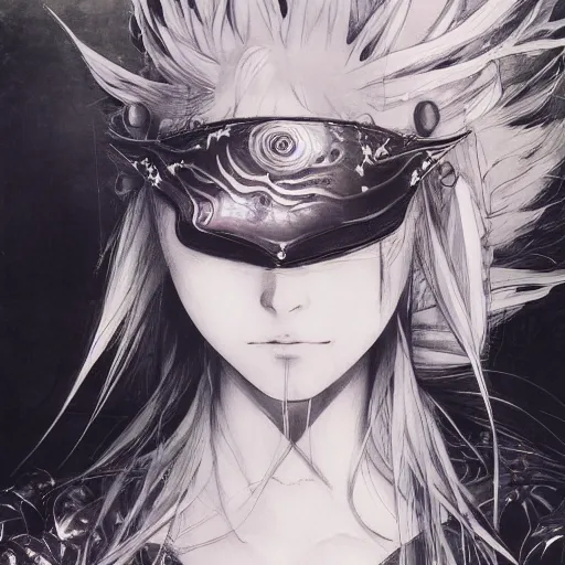 Image similar to yoshitaka amano blurred and dreamy illustration of an anime girl with pirate eye patch, wavy white hair and cracks on her face wearing elden ring armour with the cape fluttering in the wind, abstract black and white patterns on the background, noisy film grain effect, highly detailed, renaissance oil painting, weird portrait angle