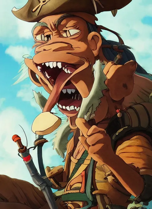 Prompt: studio ghibli pathfinder 2 e illustration of a pirate goblin mixed with a monkey smoking a cigar, character portrait, unreal engine, hyper realism, realistic shading, cinematic composition, realistic render, octane render, detailed textures, photorealistic, wide shot