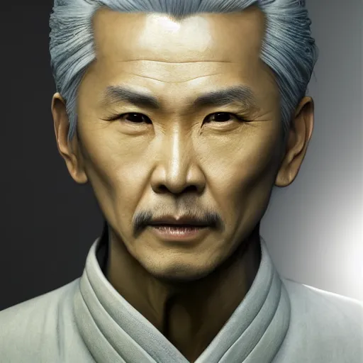 Image similar to portrait painting of a 6 0 year old kind handsome taoist priest, big eyes, deep silhouette ， silver ponytail hair, amiable by yangjun chen, huang guangjian, fenghua zhong, wenjun lin, nadar, bright colors, octopath traveler, unreal engine 5 highly rendered, global illumination, radiant light, detailed and intricate environment