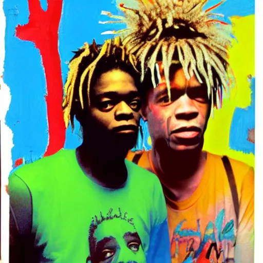 Prompt: kurt cobain and basquiat wearing a painted basquiat crown photorealistic