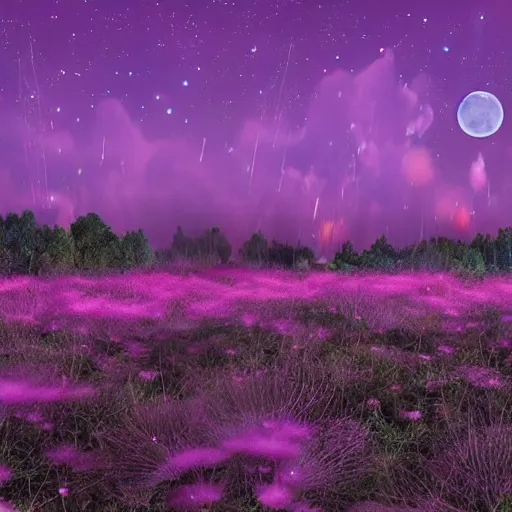 Image similar to field of tall beautiful luminescent pink and blue mycena fungi, emitting spore clouds, midnight, huge golden moon with small craters visible in night sky, hyperrealistic, detailed, soft lighting, fireflies