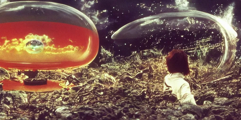 Image similar to hyperrealist studio ghibli dull colors pov shot from close encounters of the third kind 1 9 7 7 of a warped scientist rocketing through a snake bubble.