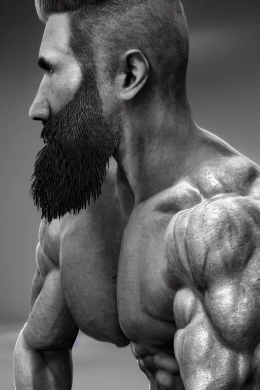 Image similar to a single muscular man wearing torn clothes, looking to the right, profile picture, hyperrealistic, concept art, octane render, unreal engine 5, trending on artstation, high quality, highly detailed, 8 k, dramatic lighting, cinematic, high coherence, anatomically correct, five fingers, digital art, seductive, black and white, big beard