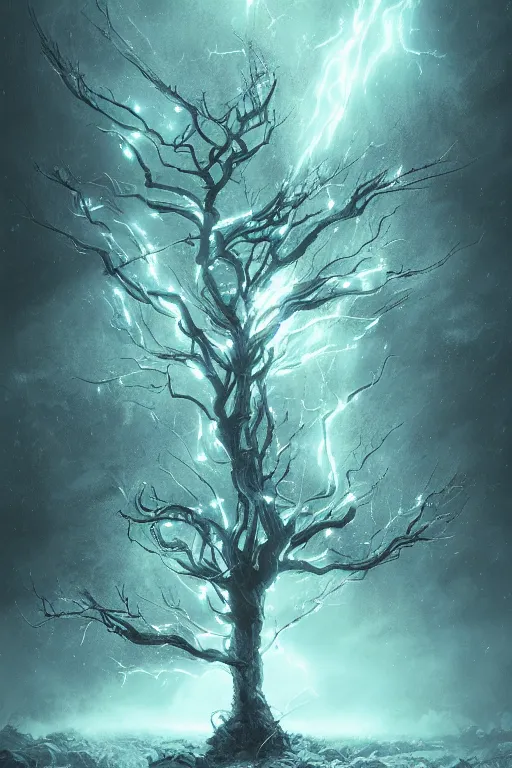 Image similar to a tree with lightning leaves, overexposure, electricity, night, unreal engine, digital art, 8 k, oil painting, fantasy art, illustration, detailed and intricate environment