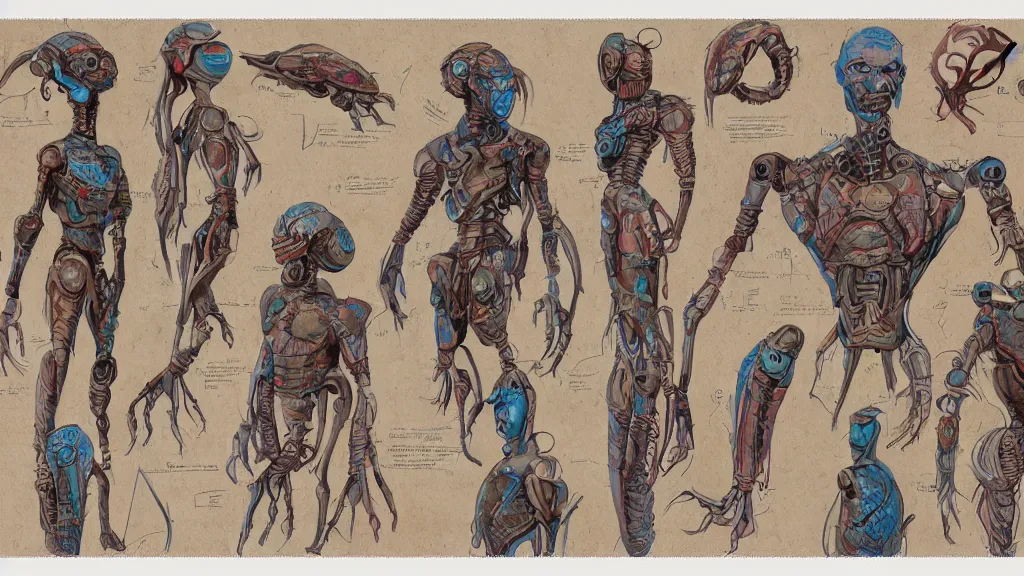 Prompt: aged paper, concept art, colorful character sheet for a male extraterrestrial cyborg multiple - eyes insect - headed warlord, retrofuture, fantastic planet, moebius, valerian, coherent, illustration, digital art, trending on artstation, hd, 8 k, good lighting, beautiful, rough paper, masterpiece