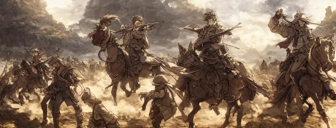Image similar to calvary soldiers riding to their deaths on the battlefield. hyperrealistic anime background illustration by kim jung gi, extremely detailed faces, intricate linework, smooth, super sharp focus, bright colors, high contrast, matte, octopath traveler, studio ghibli, unreal engine 5 highly rendered, global illumination, radiant light