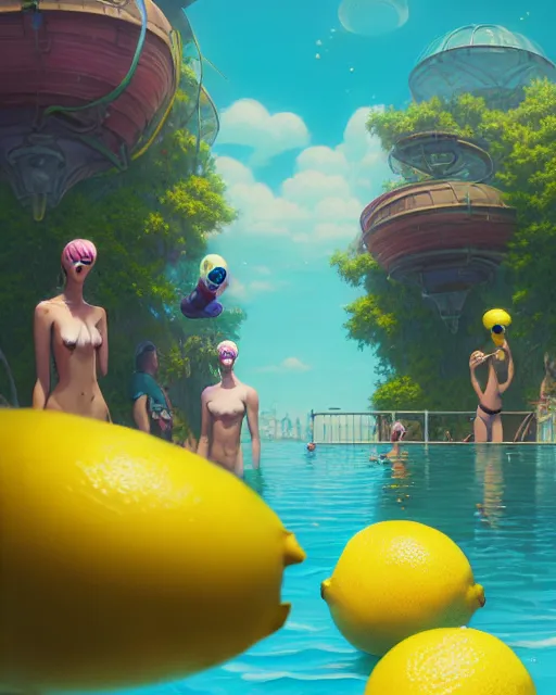 Prompt: highly detailed surreal vfx portrait of an anthropomorphic lemon pool party, stephen bliss, unreal engine, greg rutkowski, loish, rhads, beeple, makoto shinkai and lois van baarle, ilya kuvshinov, rossdraws, tom bagshaw, global illumination, detailed and intricate environment