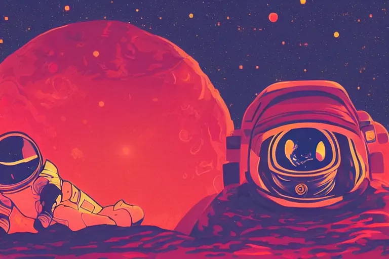 Image similar to an astronaut laying on mars in the style of flooko, acrylic art, detailed, moonlight, red lighting, bokeh, synthwave, psychedelic, glitch, neon,