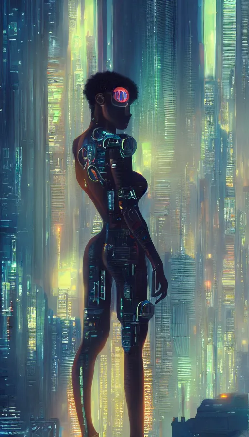 Image similar to a beautiful young Black woman, cyberpunk, Blade Runner city background, highly detailed, 8K, artstation, illustration, art by Gustav Klimt