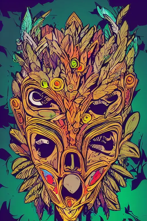 Image similar to animal mask totem roots flower tribal feather gemstone plant wood rock shaman vodoo video game vector cutout illustration vivid multicolor borderlands comics by josan gonzales and dan mumford radiating a glowing aura