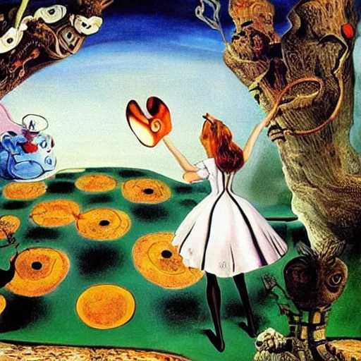 Prompt: Alice in Wonderland, painted by Salvador Dali