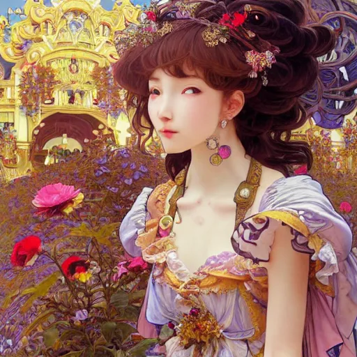 Prompt: a masterpiece ultrarealistic ultradetailed portrait of beautiful love jewelry mecha genius witch girl on fruits street market baroque renaissance. medium shot, intricate, elegant, by stanley artgerm lau, wlop, alphonse mucha, rossdraws, andrei riabovitchev, yoshitaka amano. flower background my james jeand and takashi murakami.