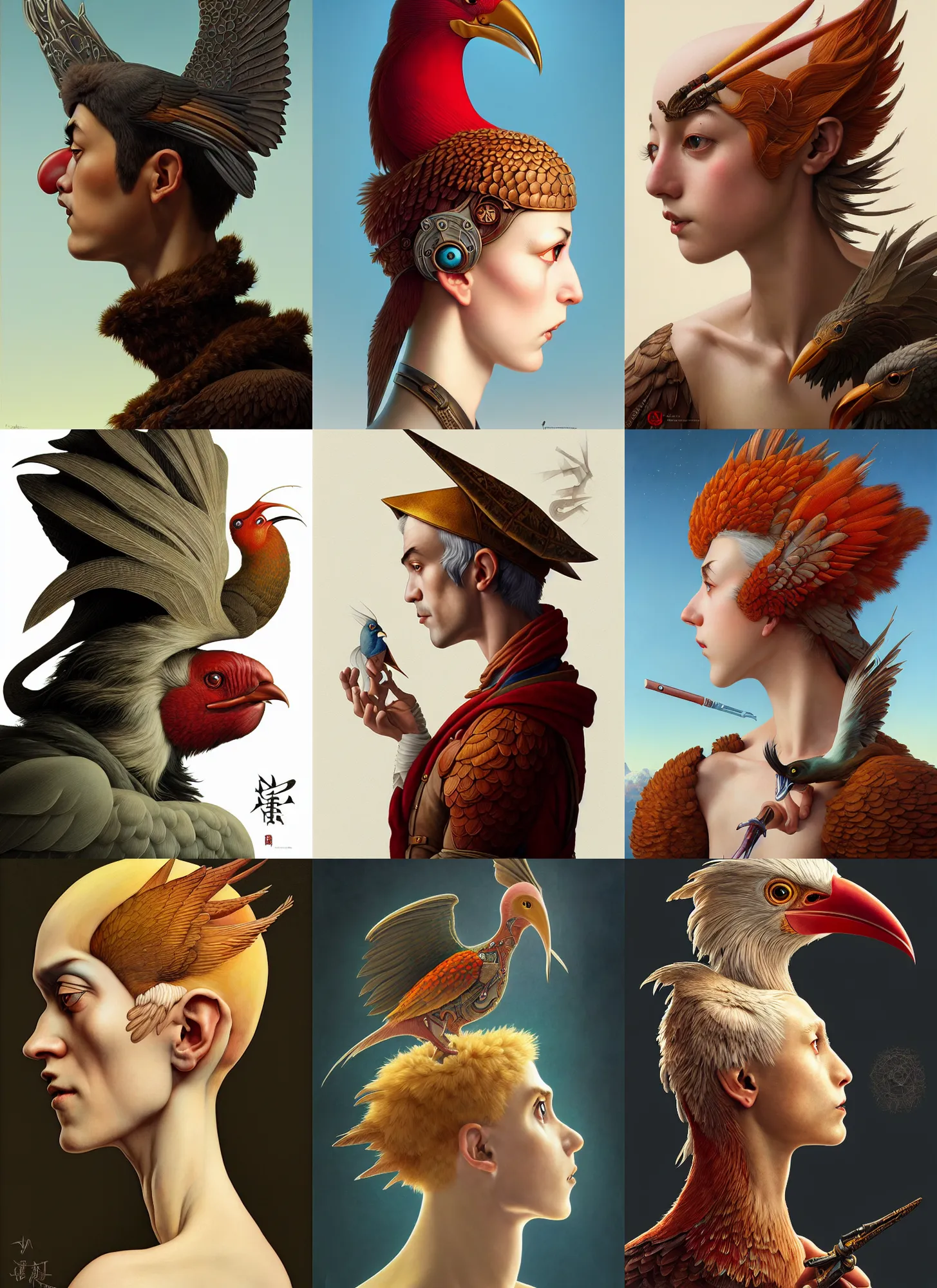 Prompt: rpg! profile! portrait of fantasy bird humanoid on white background, beak, anime, intricate, highly detailed, digital painting, artstation, concept art, smooth, sharp focus, illustration, art by norman rockwell emiliano ponzi andrey remnev yoann lossel john currin aaron jasinski ivan albright hsiao - ron cheng, 8 k