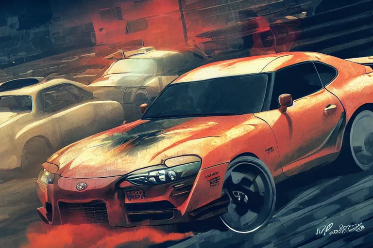 Prompt: digital illustration of mad max's toyota supra pursuit special, by makoto shinkai, ilya kuvshinov, lois van baarle, rossdraws, basquiat