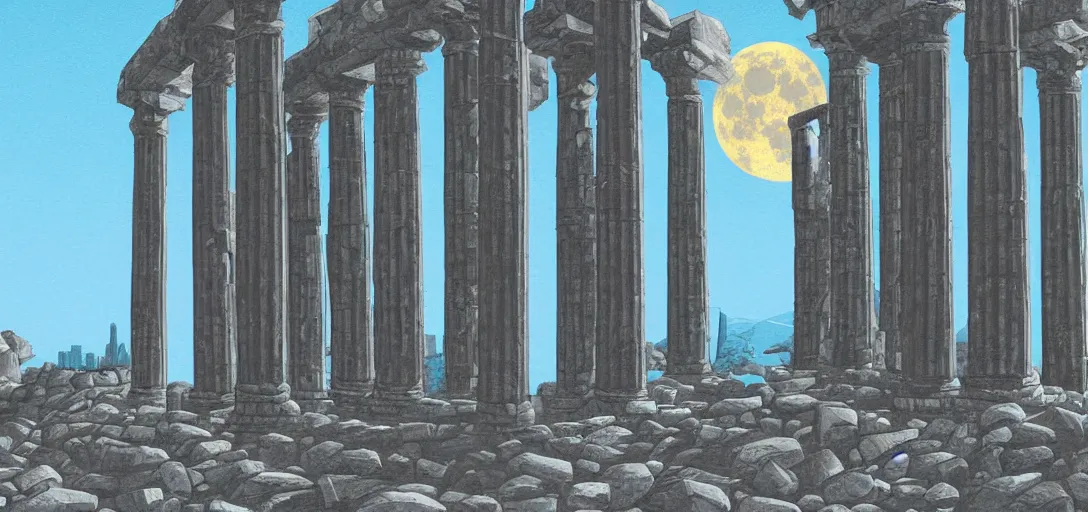 Image similar to The ruins of the Silver Millennium on the moon from Sailor Moon, digital painting, Earth in the distance, Greek-esque columns and ruins