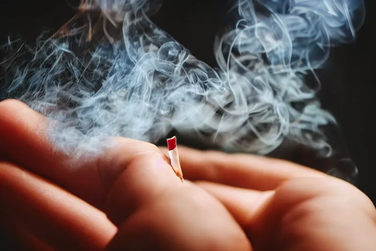 Image similar to Close-up of thin soft hand holding cigarette in it with smoke, hyper realistic, high details, photo, super resolution