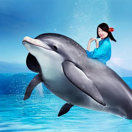 Prompt: a beautiful Chinese princess riding a dolphin, advertising photography, realistic photo, studio light