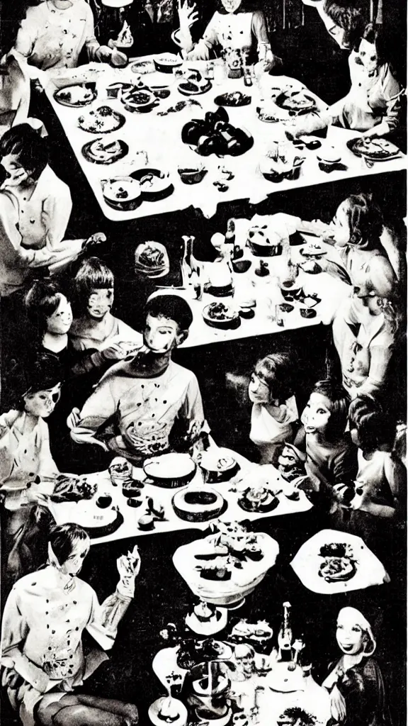 Prompt: occult satanic food ritual, 1 9 6 0 s food magazine photo