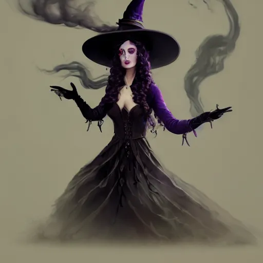 Prompt: an insanely detailed portrait of a beautiful witch with long dark purple hair standing in an smoky alchemy lab, tightly fitting black ornate dress and black witch hat, in the style of peter mohrbacher, artgerm, dramatic lighting and composition, octane render, trending on artstation, concept art 8 k