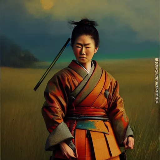 Image similar to female samurai standing in a field in the style of Ruan Jia, golden hour