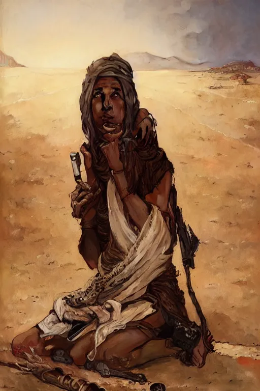 Image similar to a full body portrait of a beautiful post apocalyptic offworld desert bedouin blind barbarian leper laying by the roadside, begging, intricate, elegant, highly detailed, digital painting, artstation, concept art, smooth, sharp focus, illustration, art by krenz cushart and artem demura and alphonse mucha