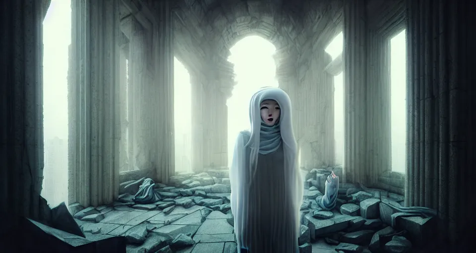 Image similar to portrait of kang seul - gi, white long hair, burka, cyberpunk, in a ruined temple, symetrrical facial. ruan jia, weldon casey, giger. cinematic. smooth gradients, transparent inflatable structures. trending on artstation.