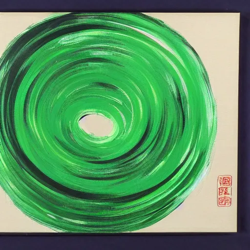 Image similar to a green circle on black canvas, very wider brush stroke, japanese art