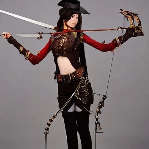 Prompt: full body photo of a skinny female steampunk archer