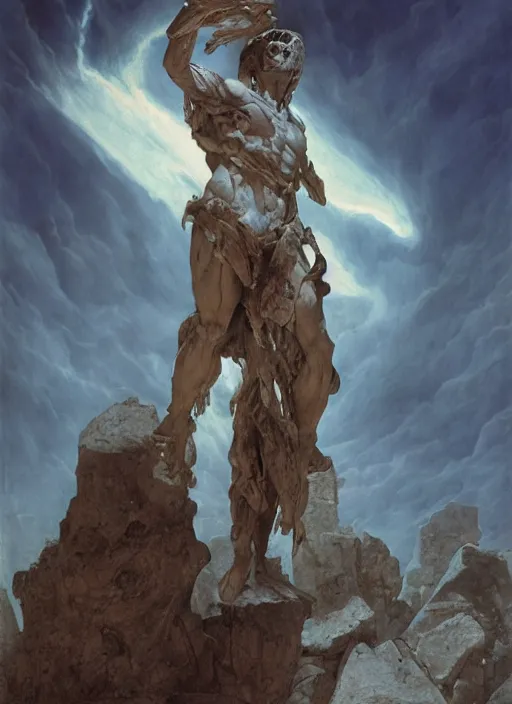 Prompt: ancient biblical statue of a diabolical marble cyborg, wearing torn white cape, dynamic pose, thunder, glowing eyes, post apocalyptic ancient ruins, glowing veins subsurface scattering, in clouds, sunset, portrait, by gerald brom, by mikhail vrubel, by peter elson, muted colors, extreme detail, trending on artstation, 8 k