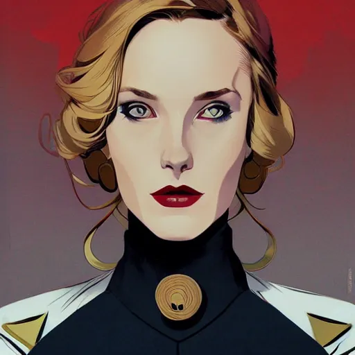 Image similar to Joshua Middleton comic art, stunning female Actress Audrey Plaza, spy, eye patch over left eye, evil smile, symmetrical face, symmetrical eyes, tailored clothing, long straight blonde hair, full body, Winter night