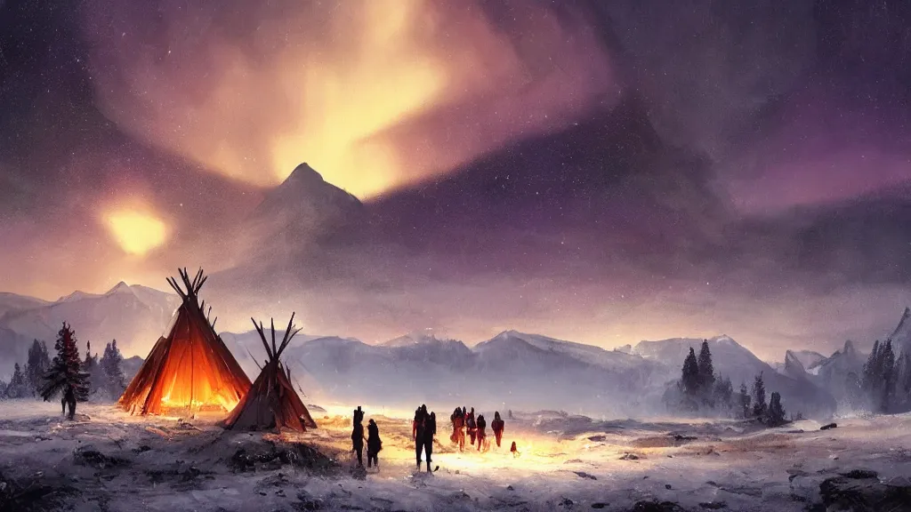 Image similar to beautiful render of a fall landscape, unreal engine, night, majestic snowy mountains, dramatic aurora borealis, stars, teepee, village, hunters, soft light, by greg rutkowski, cgsociety