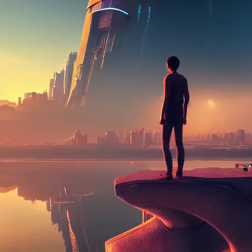 Image similar to alone person tempted by the desperate call of the void, futuristic cityscape, wide shot unreal 5 render, studio ghibli, vivid colors, beautiful sunset, digital art, octane render, beautiful composition, trending on artstation, award winning photograph, masterpiece