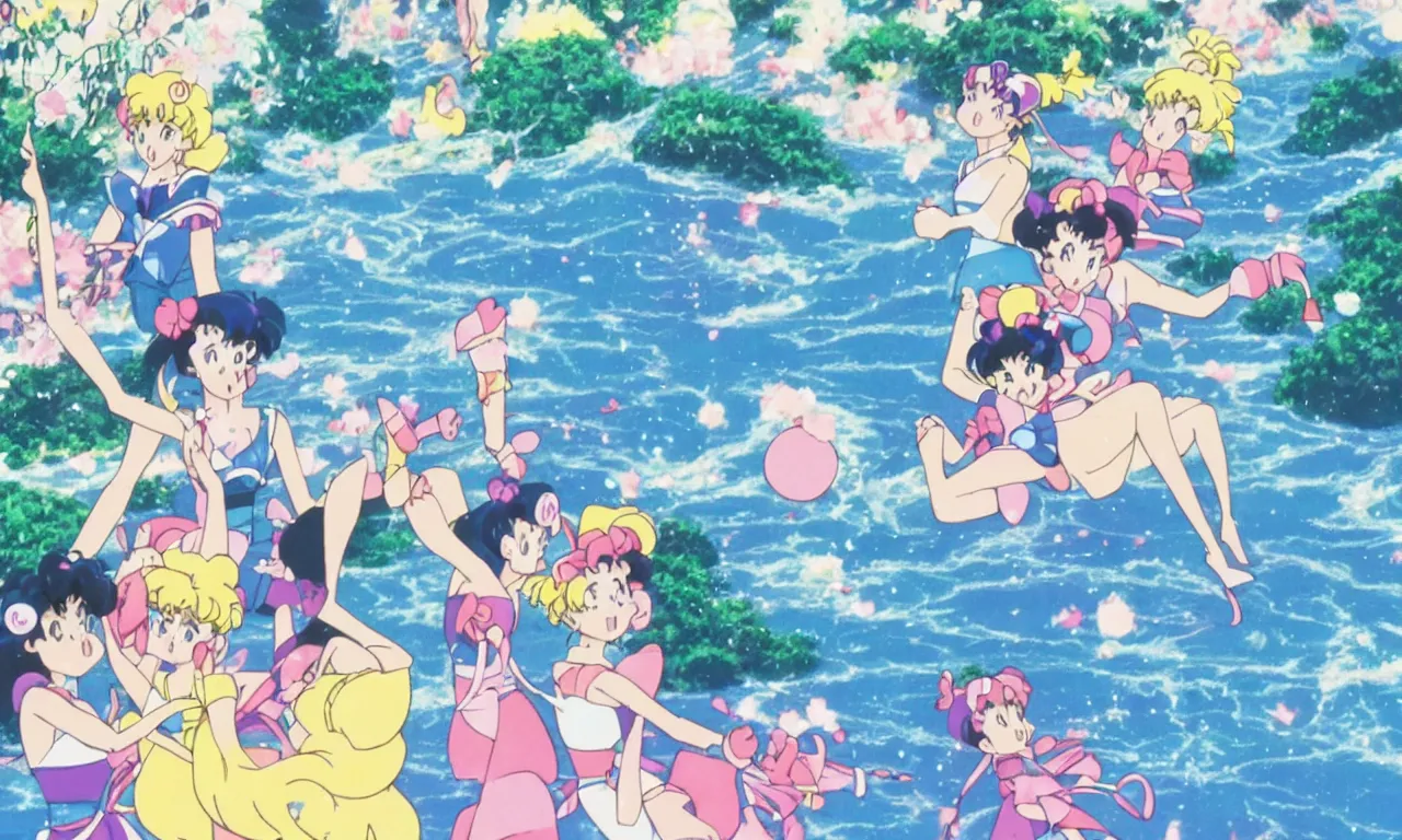 Prompt: A cute aesthetic still frame from an 80's Sailor Moon anime, minimal street in Japan with a waterfall