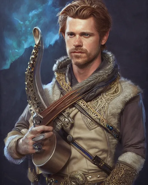 Image similar to white male rogue bard portrait, highly detailed, very intricate, cinematic lighting, closeup painted portrait, by donato giancola and rossdraws and magali villenueve, featured on artstation