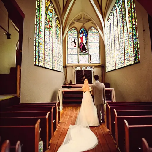 Prompt: a rhinoceros wearing a tiny suit in a wedding chapel, photo realistic, detailed, cinematic lighting, polaroid