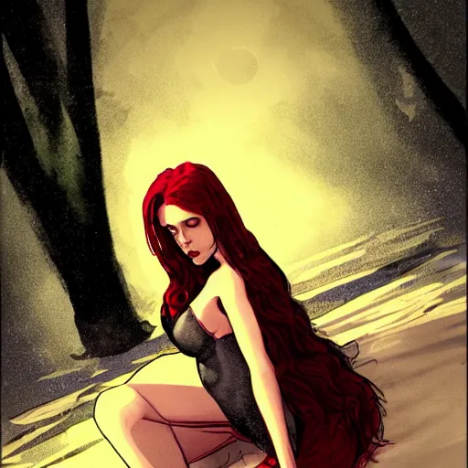 Image similar to a beautiful comic book illustration of a vampire woman with long red hair laying near a lake at night by Alex Maleev, featured on artstation