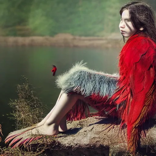 Image similar to Young Harpy-Girl, red feathered wings, wearing Inka clothes, sad expression, sitting at a pond, mountainous area, trees in the background, digital art