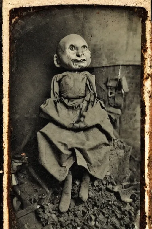 Image similar to dirty cracked crying vintage demonic mouthless bald doll sitting in dirt basement cobwebs tintype photo