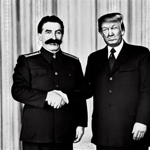 Image similar to photo of stalin and trump shaking hands, award winning photo, 3 5 mm camera