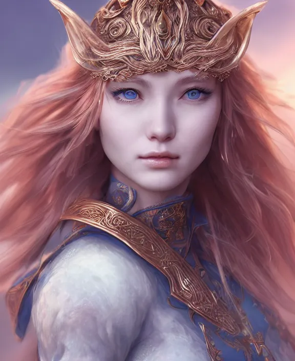 Prompt: a beautiful and highly detailed digital portrait of a dignified elf with long blue windswept hair in a rose gold breastplate by artgerm and lu ji, centered, artsation contest winner, cgsociety, fantasy art, cryengine, concept art, photorealism, daz 3 d, sketchfab, zbrush, vray